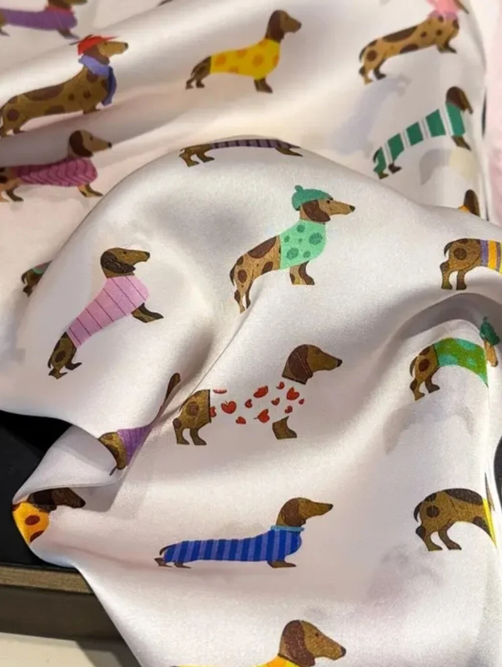 Silk-feel Dog Print Scarf in Pastel Pink and White
